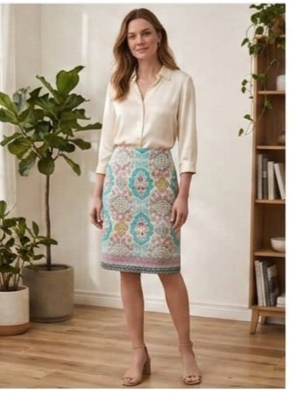Talbots Women's Size 4 Pink Teal Medallion Lined Cotton Blend Mini Skirt Casual